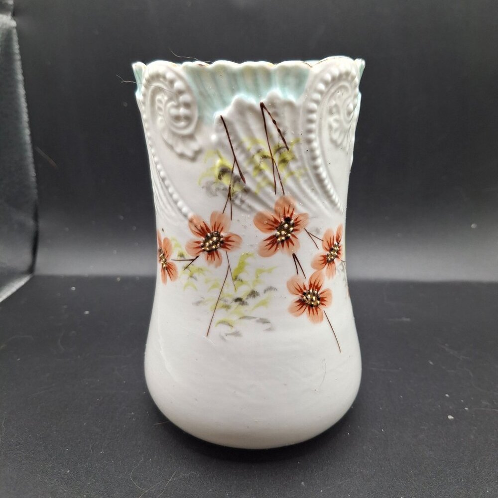 Vintage Hand-Painted Floral White Ceramic Vase Scalloped Rim & Embossed Details